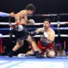 Richard Torrez Jr (L) knocks-down Marco Antonio Canedo (R) during their heavyweight fight at Hard Rock Hotel & Casino Tulsa on August 27, 2022 in Catoosa, Oklahoma.