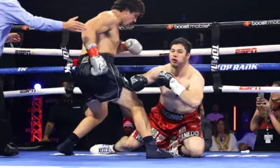 Richard Torrez Jr (L) knocks-down Marco Antonio Canedo (R) during their heavyweight fight at Hard Rock Hotel & Casino Tulsa on August 27, 2022 in Catoosa, Oklahoma.