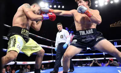Ahmed Hefny (L) and Richard Torrez Jr (R) exchange punches during their heavyweight fight at The Hulu Theater at Madison Square Garden on October 29, 2022 in New York City.