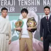 Kenshiro Teraji, Tenshin Nasukawa, and Junto Nakatani pose for the cameras