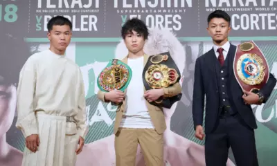 Kenshiro Teraji, Tenshin Nasukawa, and Junto Nakatani pose for the cameras