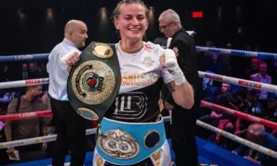 Femke Hermans poses following her win over Mary Spencer