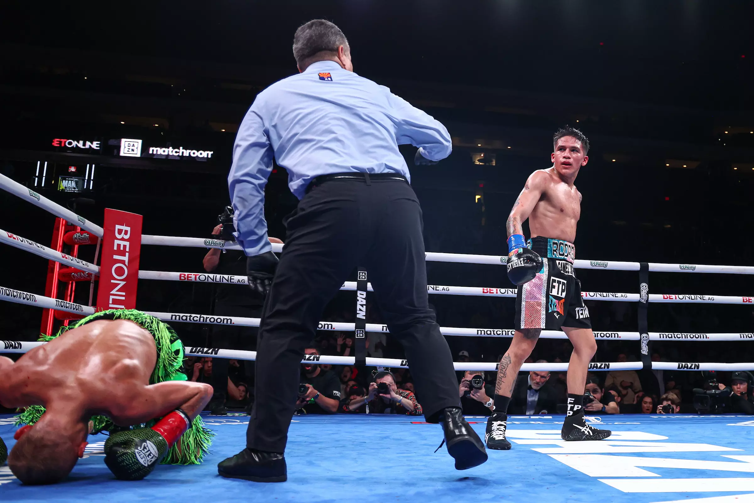Jesse Bam Rodriguez and Sunny Edwards during their WBO and IBF world flyweight title fight at the Desert Diamond Arena in Glendale, Arizona.