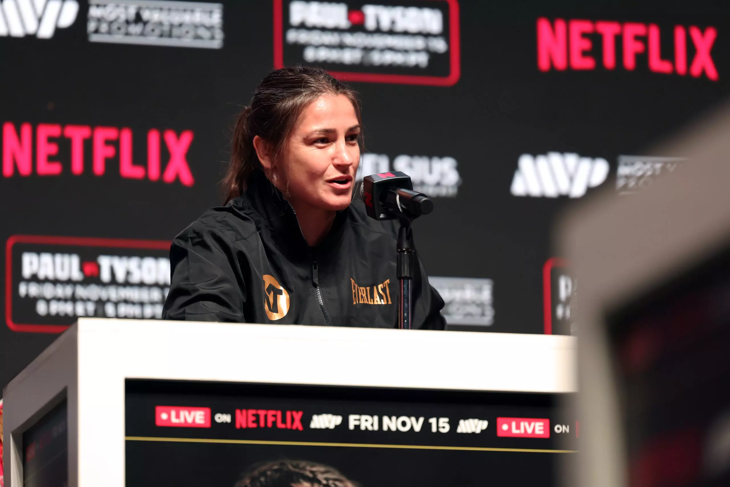Katie Taylor attends the press conference for LIVE on Netflix: Jake Paul vs. Mike Tyson at the Toyota Music Factory on November 13, 2024 in Dallas, Texas.