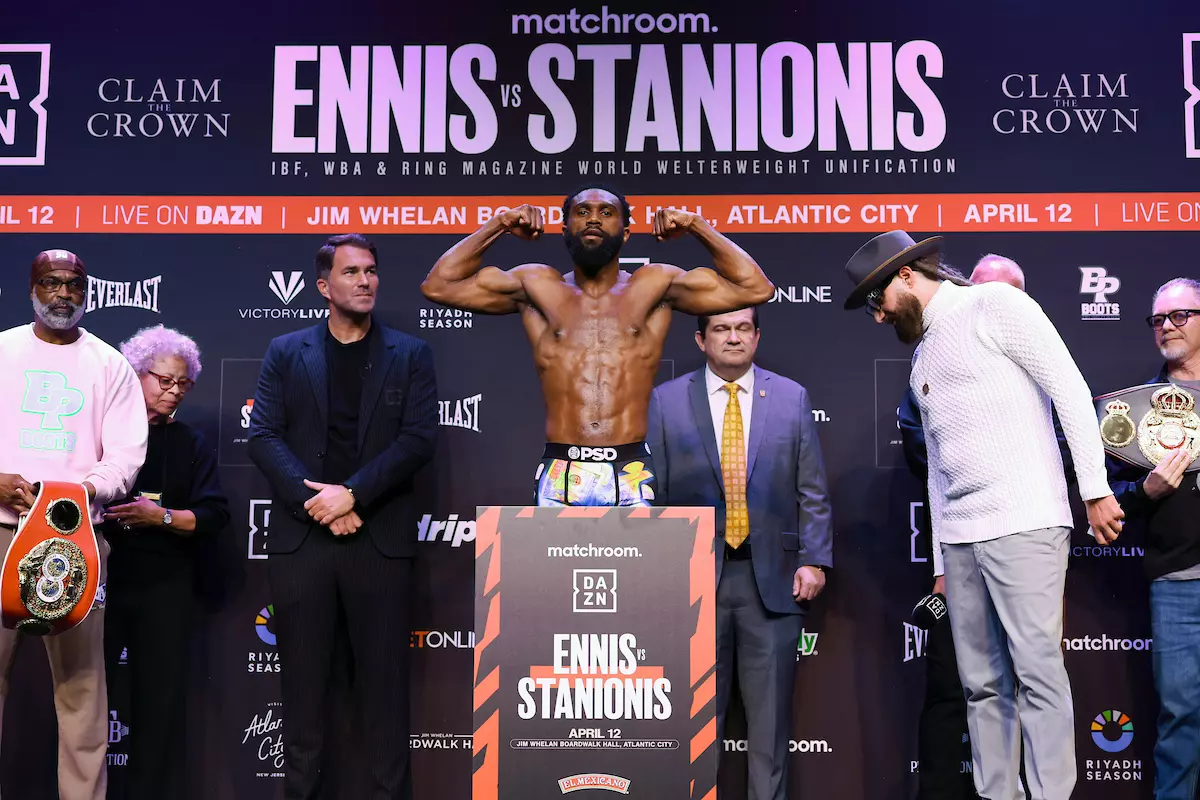 Jaron Ennis and Eimantas Stanionis Weigh In ahead of their Ring Magazine, IBF & WBA World Welterweight Title fight tomorrow night.