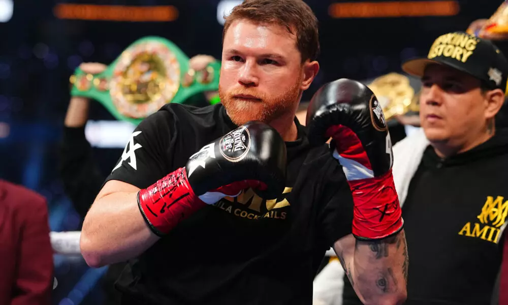 Canelo Alvarez looks on prior to the Undisputed & Ring Magazine Super Middleweight Championship against Terence Crawford (not pictured) at Allegiant Stadium on September 13, 2025 in Las Vegas, Nevada.