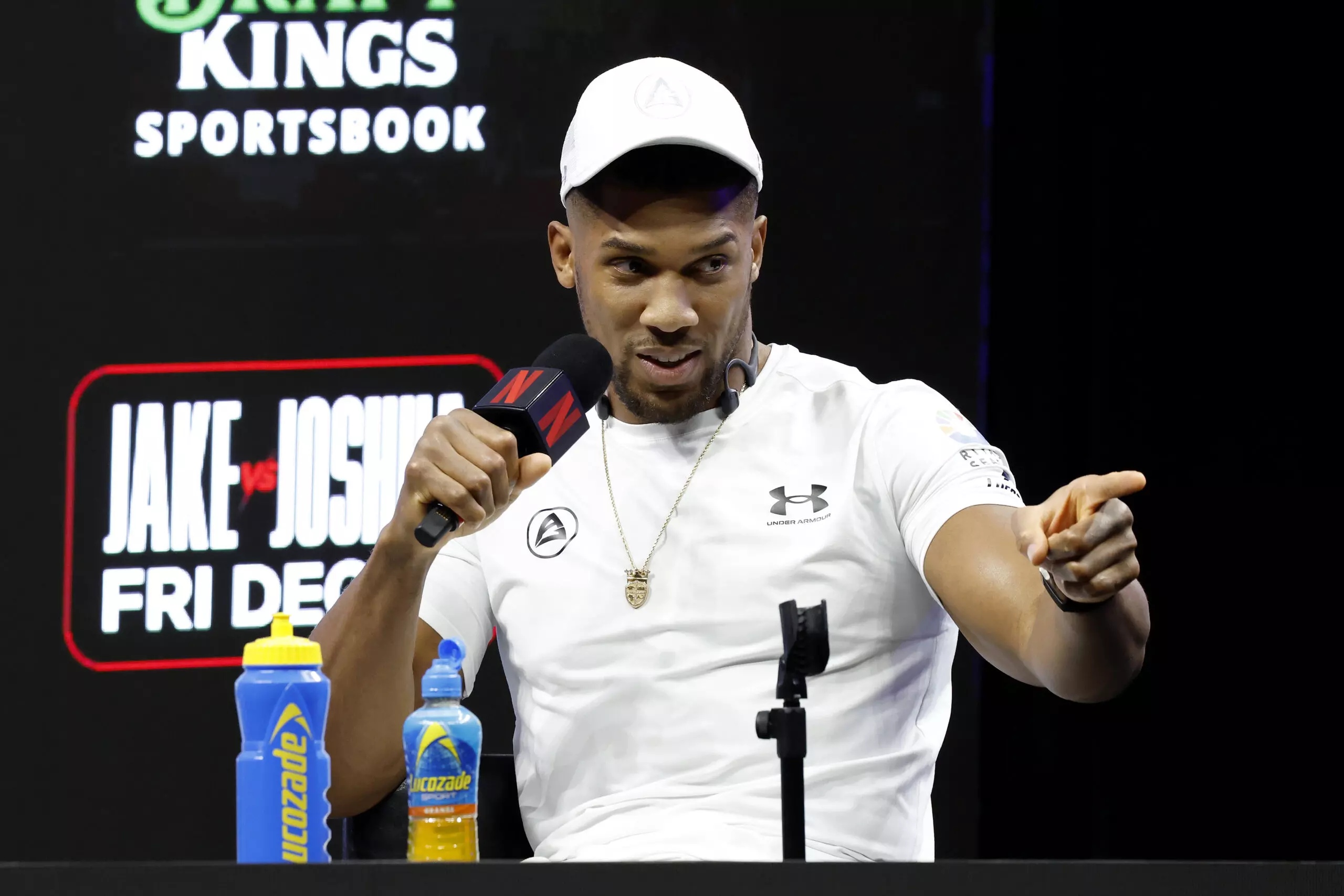 Anthony Joshua vs Tyson Fury: Anthony Joshua speaks during a press conference for Jake Paul v Anthony Joshua