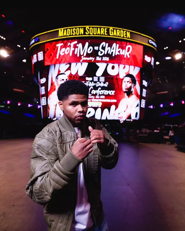Shakur Stevenson in front of MSG screen advertising Teofimo Lopez fight