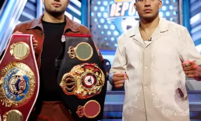 David Benavidez and Gilberto Ramirez promo shot with belts.