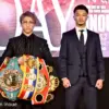 Naoya Inoue vs Junto Nakatani promotional face off with Inoue's belts.