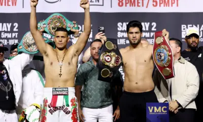 Gilberto Ramirez and David Benavidez stand side by side