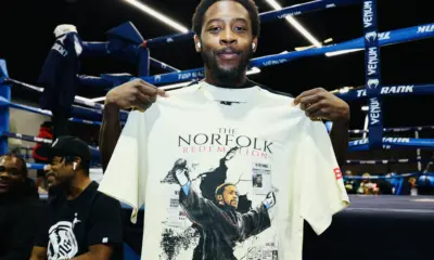 Keyshawn Davis vs Nahir Albright: Keyshawn Davis holding Norfolk Redemption t-shirt