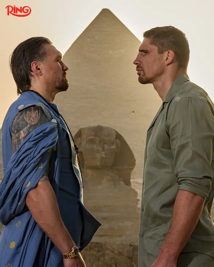 Oleksandr Usyk vs Rico Verhoeven face off in front of the pyramids