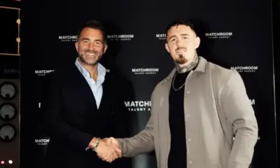 Tom Aspinall and Eddie Hearn, celebrating Aspinall signing to Matchroom talent