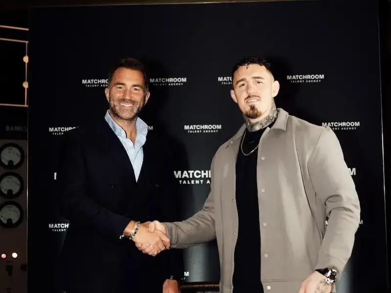 Tom Aspinall and Eddie Hearn, celebrating Aspinall signing to Matchroom talent