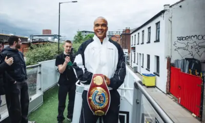 Fabio Wardley holding his WBO heavyweight title at Media day for Daniel Dubois fight.