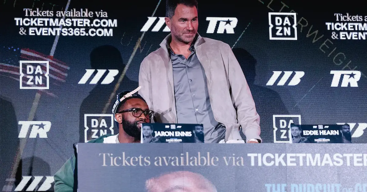 Eddie Hearn with Boots Ennis for the Xander Zayas vs Jaron Ennis press conference