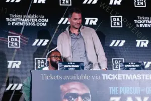 Eddie Hearn with Jaron 'Boots' Ennis for the Xander Zayas vs Jaron Ennis press conference