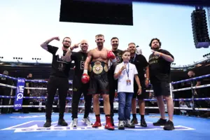 Lewis Edmondson with his team after win over Lyndon Arthur including Billy Joe Saunders