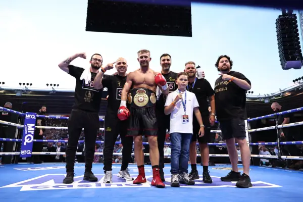 Lewis Edmondson with his team after win over Lyndon Arthur including Billy Joe Saunders