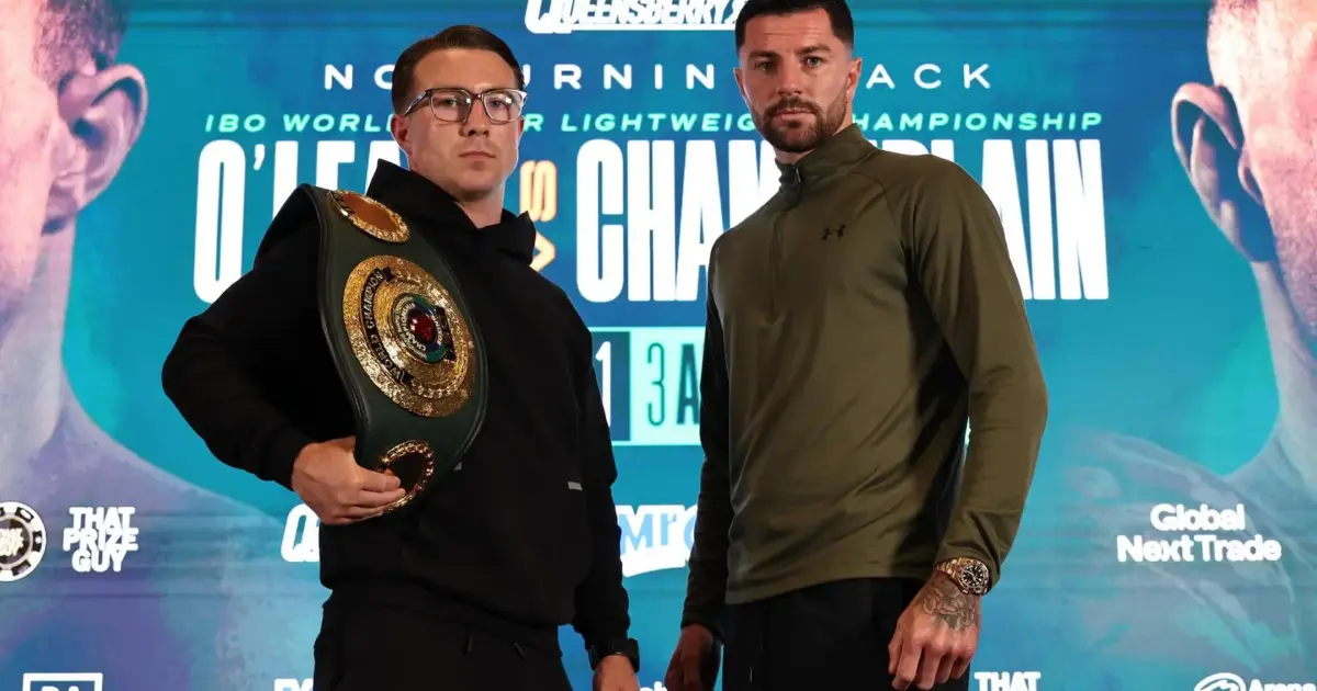 Pierce O'Leary vs Mark Chamberlain press conference face off promo shot