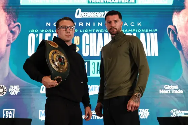 Pierce O'Leary vs Mark Chamberlain press conference face off promo shot