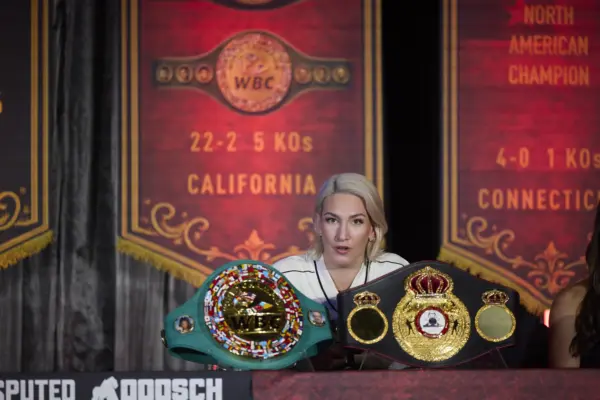 Mikaela Mayer at launch press conference for Chantelle Camero fight