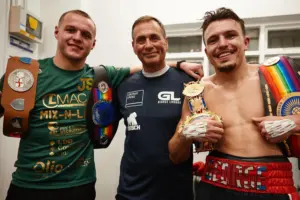 George Liddard and Jimmy Sains with trainer Tony Sims