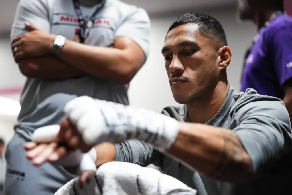 Jai Opetaia getting hands wrapped before fight with Noel Mikaelian