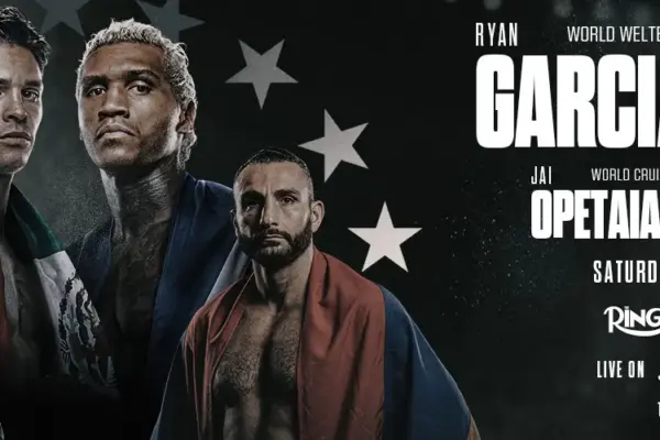 Fight poster for Ryan Garcia vs Conor Benn and Jai Opetaia vs Noel Mikaelian