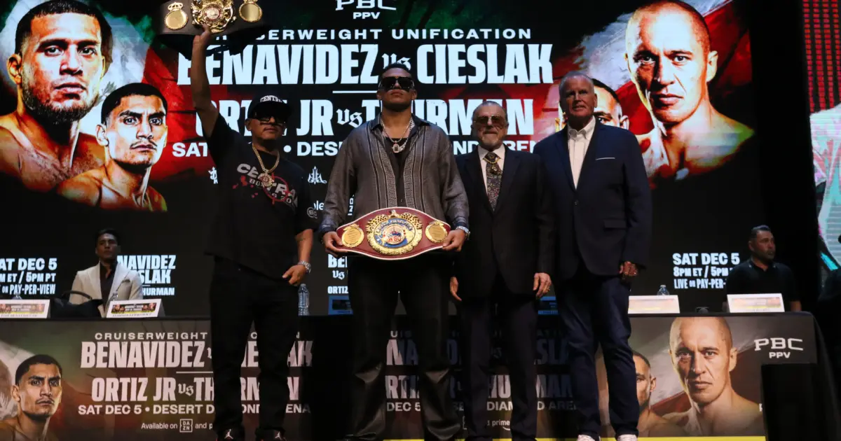 David Benavidez with belts and team at press conference for Cieslak fight