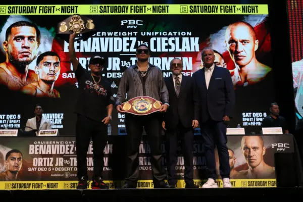 David Benavidez with belts and team at press conference for Cieslak fight