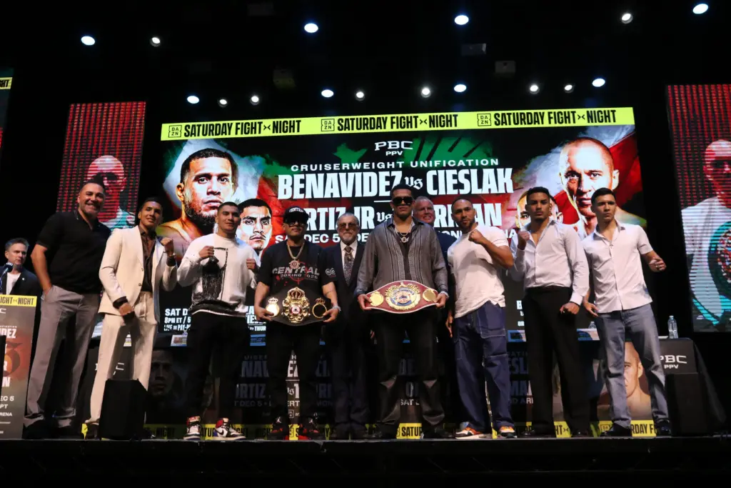 David Benavidez with belts, team and other fighters on the card at Cieslak press conference